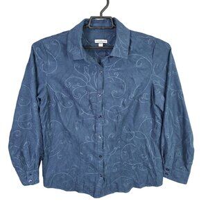 Womens Croft & Barrow Blue Embroidered Button Up Shirt Polyester Long Sleeve M